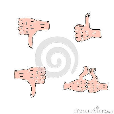 Collection of hand gestures, thumbs up, finger down, cartoon cartoon on a white background. Vector Illustration