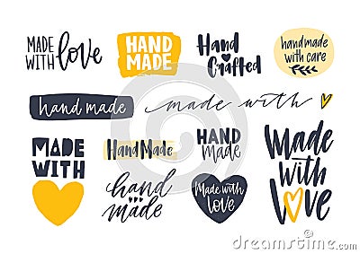 Collection of Hand Made inscriptions for labels or tags for handcrafted goods. Set of elegant lettering handwritten with Vector Illustration