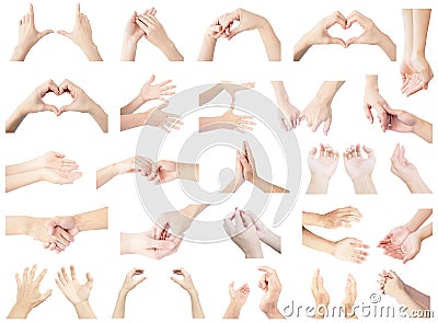 Collection hand multiple set of Both hands, both left hand and right hand in gestures isolated on white background Stock Photo