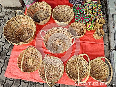 A collection of handiwork baskets sale in a market located at Ranau town in Sabah, Malaysia Stock Photo