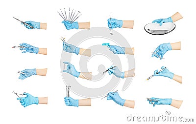 Collection hands with dental tools Stock Photo