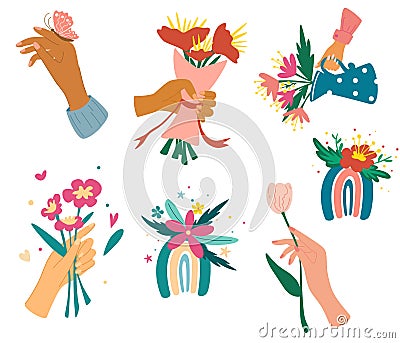 Collection of hands holding bouquets or bunches of blooming flowers. Bundle of floral decorative design elements. Colorful Vector Illustration