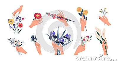 Collection of hands holding bouquets or bunches of blooming flowers. Bundle of floral decorative design elements Vector Illustration
