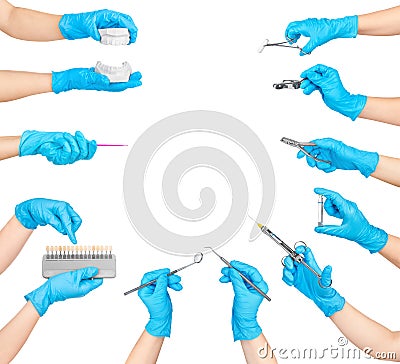 Collection of hands holding dental tools Stock Photo