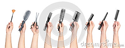 Collection of hands holding tools for hair salon Stock Photo