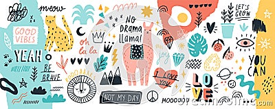 Collection of handwritten slogans or phrases and decorative design elements hand drawn in trendy doodle style - animals Vector Illustration