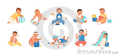 Collection of happy adorable babies playing with various toys - building kit, ball, rattle. Set of playful infant Vector Illustration