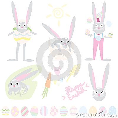 Collection of white easter rabbit in different poses-isolated Cartoon Illustration