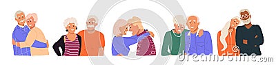 Collection of happy elderly couples. Cute hugging seniors men and women Vector Illustration