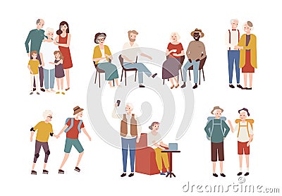 Collection of happy elderly people performing daily activities - rollerskating, going camping, spending time with family Vector Illustration