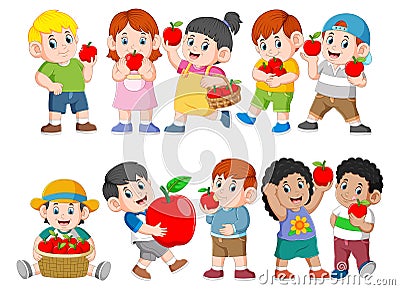Collection of happy Kids with fresh apple Vector Illustration