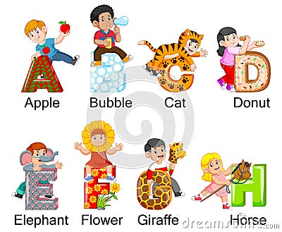 Collection of happy Kids wearing costume with alphabet Vector Illustration