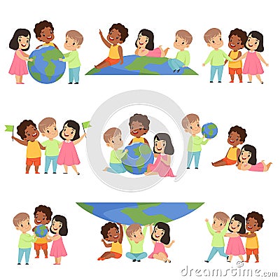 Collection of happy multicultural little kids standing together, friendship, unity concept vector Illustration on a Vector Illustration