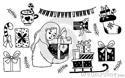 Collection happy woman with gifts, sleigh, christmas boot, dessert cup, garland and holiday boxes. Vector isolated drawings doodle Vector Illustration