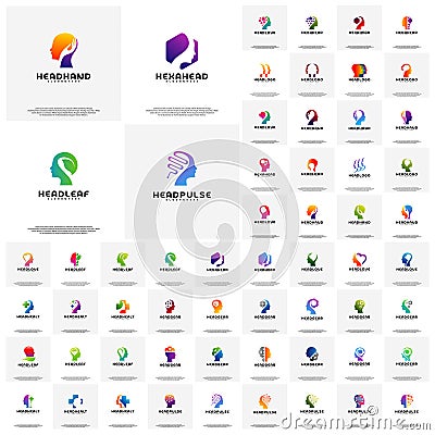 Collection of Head intelligence logo designs concept vector, Head Tech, Colorful Mind, Nature Head, Head Heal, Heat gear, head lov Vector Illustration