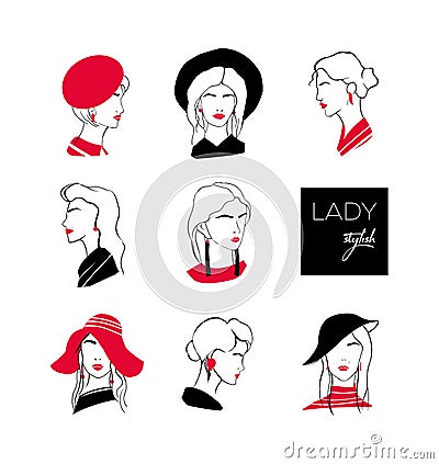 Collection of heads or faces of stylish lady with elegant hairstyles wearing various hats and earrings. Set of stylized Vector Illustration