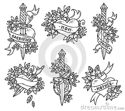 Collection of Heart Tattoos in Old school style Vector Illustration