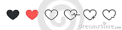 Collection of Hearts Icon. Heartbeat, Pulse, Cardiogram Concept. Cute Hearts with Heartbeat, Plus and Minus. Romantic Vector Illustration