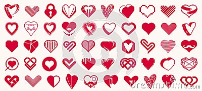 Collection of hearts vector logos or icons set, heart shapes of different styles and concepts symbols, love and care, health and Vector Illustration