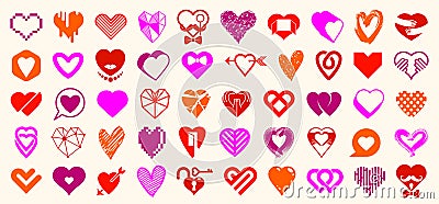 Collection of hearts vector logos or icons set, heart shapes of different styles and concepts symbols, love and care, health and Vector Illustration
