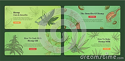 Collection hemp uses and benefits engraved landing page with place for text vector illustration Vector Illustration