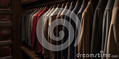 collection of high-end suits hang in a walk-in closet one generative AI Stock Photo