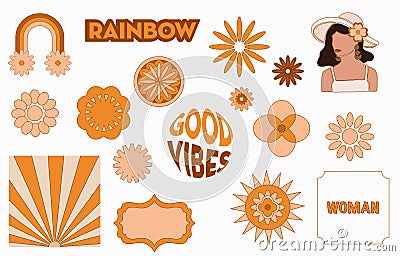 Collection of hippie design with orange flower,sun,rainbow,woman Vector Illustration