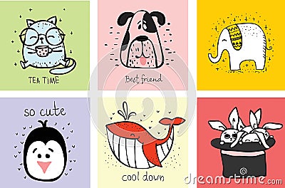 Collection of hipster cartoon character animals cat, dog, elephant, rabbit, whale and pinguin with accessories Vector Illustration