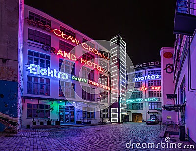 A collection of historical neon advertising signs in Wroclaw, Poland Editorial Stock Photo