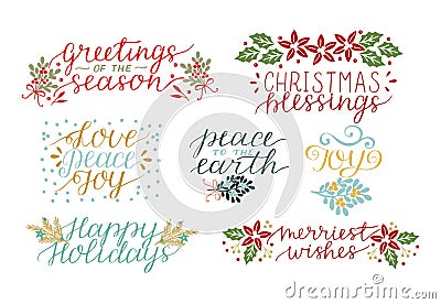 Collection with 7 Holiday cards made hand lettering Christmas Blessings. Love, peace, joy. Merriest wishes Vector Illustration