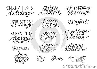 Collection with 16 Holiday Christmas hand lettering quotes Vector Illustration