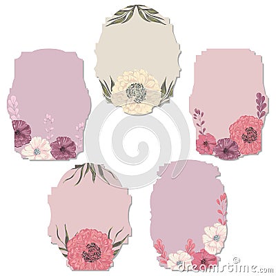 Collection holiday labels with peony, dahlia and poppy. Vector Illustration