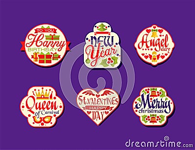 Collection of holiday stickers. Happy Birthday, New Year, Angel day, Queen of carnival, Valentine day, Merry Christmas Vector Illustration