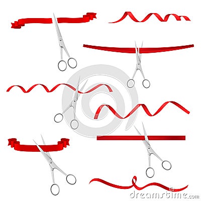 Collection holiday waving red ribbon cutting by silver metallic scissors realistic vector Vector Illustration