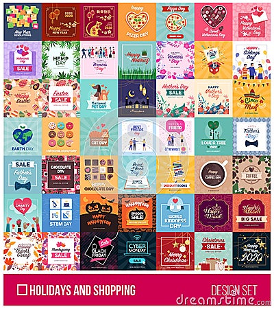 Collection of holidays and shopping social media post Vector Illustration