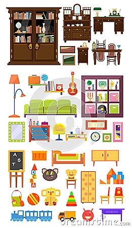 Collection of Home Furniture, Interior of Cabinet, Living Room, Bedroom, Childrens Room Vector Illustration Vector Illustration