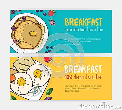 Collection of horizontal discount voucher or coupon templates with delicious breakfast meals lying on plates. Bright Vector Illustration