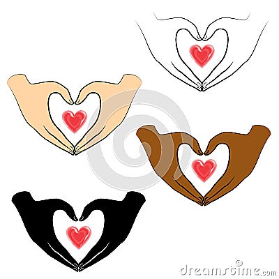 Collection. Human hands are folded in the shape of a heart and a red heart. People of different nationalities. Valentine s Day. Cartoon Illustration