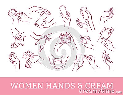 Collection of human hands with hand cream and moisturizer tube in different gestures and posses isolated on white background. Vector Illustration