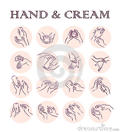 Collection of human hands with hand cream and moisturizer tube in different gestures and posses isolated on white background. Vector Illustration