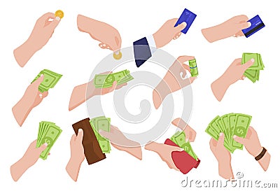 Collection human hands holding cash paper money, coins and bank credit pay card vector illustration Vector Illustration