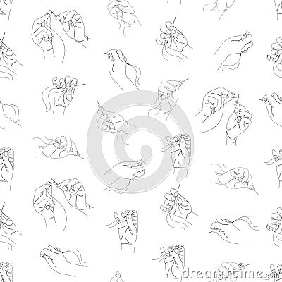 Collection. Human hands sew a needle and thread. Seamless pattern in art nouveau style in one line. Solid line, sketches Cartoon Illustration