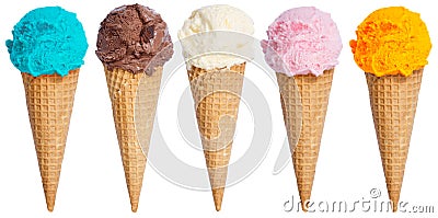 Collection of ice cream scoop sundae cone in a row icecream isolated on white Stock Photo