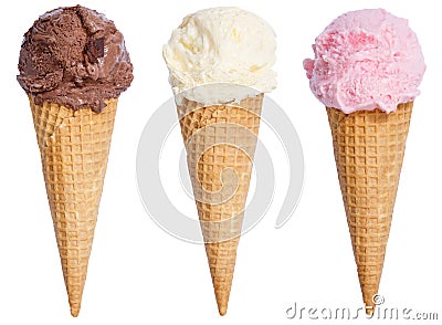Collection of ice cream scoop sundae cone vanilla chocolate icecream isolated on white Stock Photo