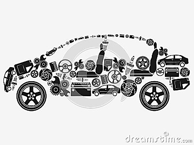 Collection of icons arranged in the shape of the car. The concept of automotive subjects. Vector Illustration