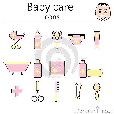 Collection of icons. Baby care. Icons for the care of the newborn girl. Vector Illustration