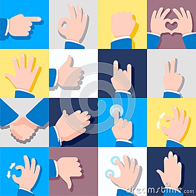 Collection of icons with hand gestures. Vector illustrations. Vector Illustration