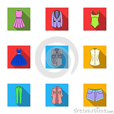 Collection of icons of womens clothing. Various women`s clothes for work, walking, sports. Women clothing icon in set Vector Illustration