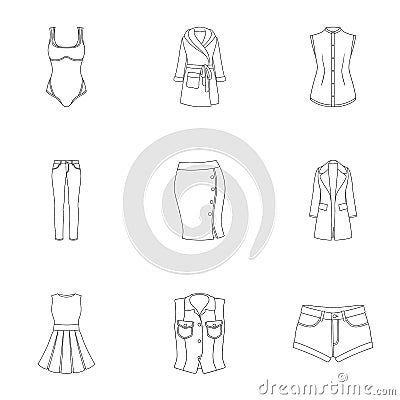 Collection of icons of womens clothing. Various women`s clothes for work, walking, sports. Women clothing icon in set Vector Illustration
