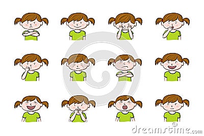 Collection of 12 illustrations of little girl showing different emotions Vector Illustration